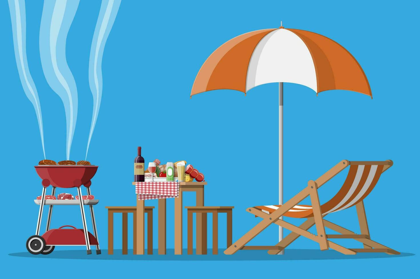 Bbq party or picnic. Table with bottle of wine, vegetables, cheese, can of beer. Electric grill with barbecue. Cooking steak, meat and sausages, grilling bbq. Vector illustration flat style