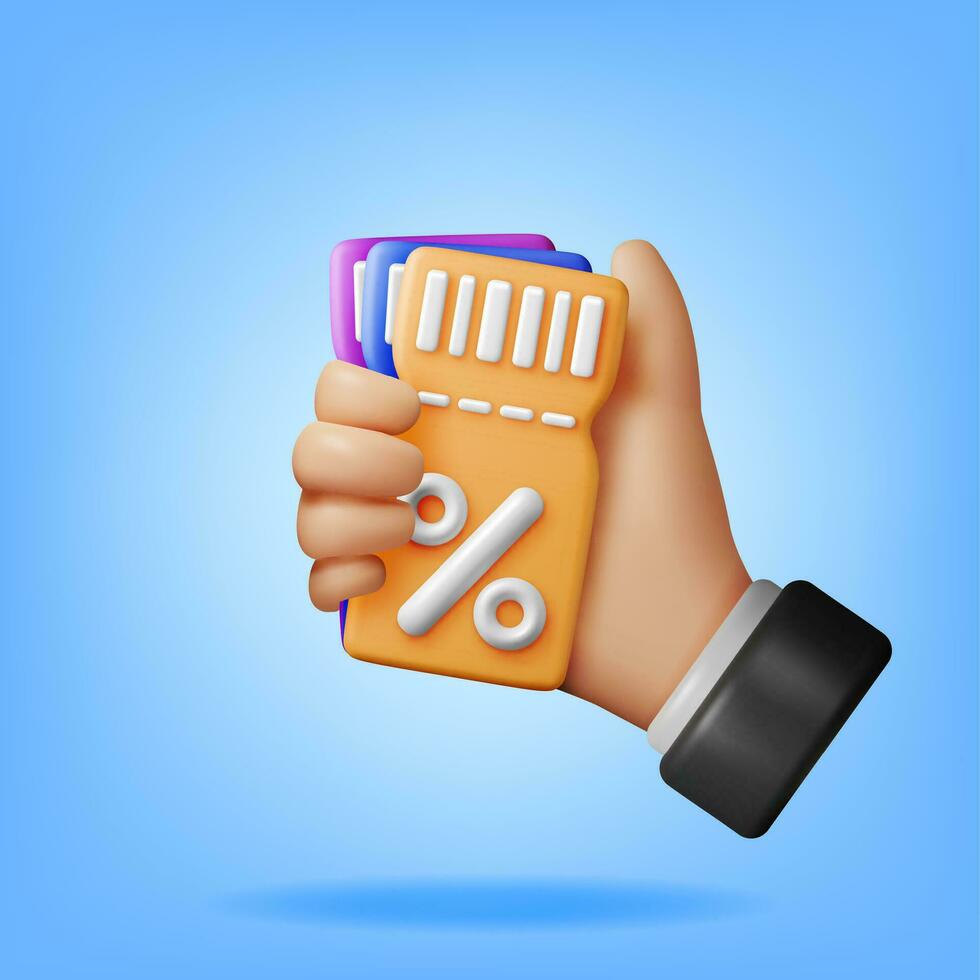 3d Coupon with Percent Symbol in Hand. Render Discount Voucher or Coupon. Blank Ticket Shopping Paper. Promotional Offer Confirmation. Bonus Purchase Gift. Vector Illustration