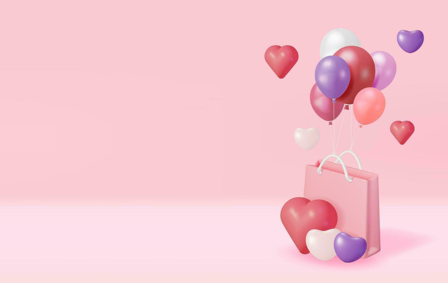 3d rosado compras bolso con globo corazones. hacer regalo bolso con encargarse de y corazones. enamorado día, cumpleaños tarjeta, producto monitor presentación anuncio publicitario. realista vector ilustración