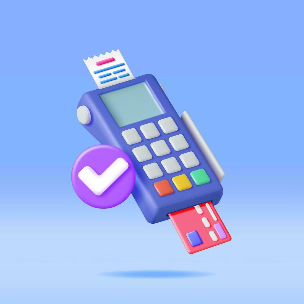 3D Payment Terminal with Card and Receipt Isolated. Render Modern POS Bank Payment Device. Payment NFC Keypad Machine. Credit Debit Card Reader. Contactless Payment Transaction Vector illustration