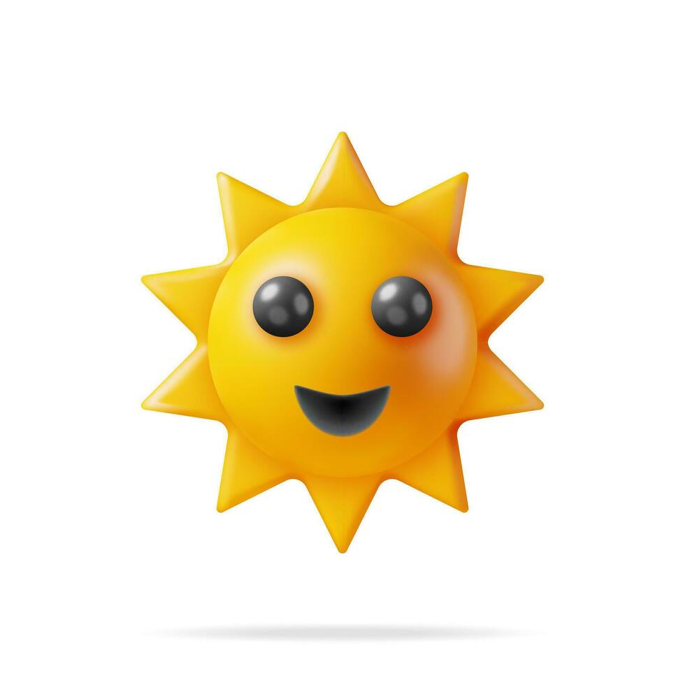 3D Sun Emoji Icon Isolated on White. Render Weather Sun Symbol. Sunlight Emoticon Yellow Cute Sunshine. Weather, Climate Forecast. Concept of Summer Vacations. Illustration Face Vector Design Art.