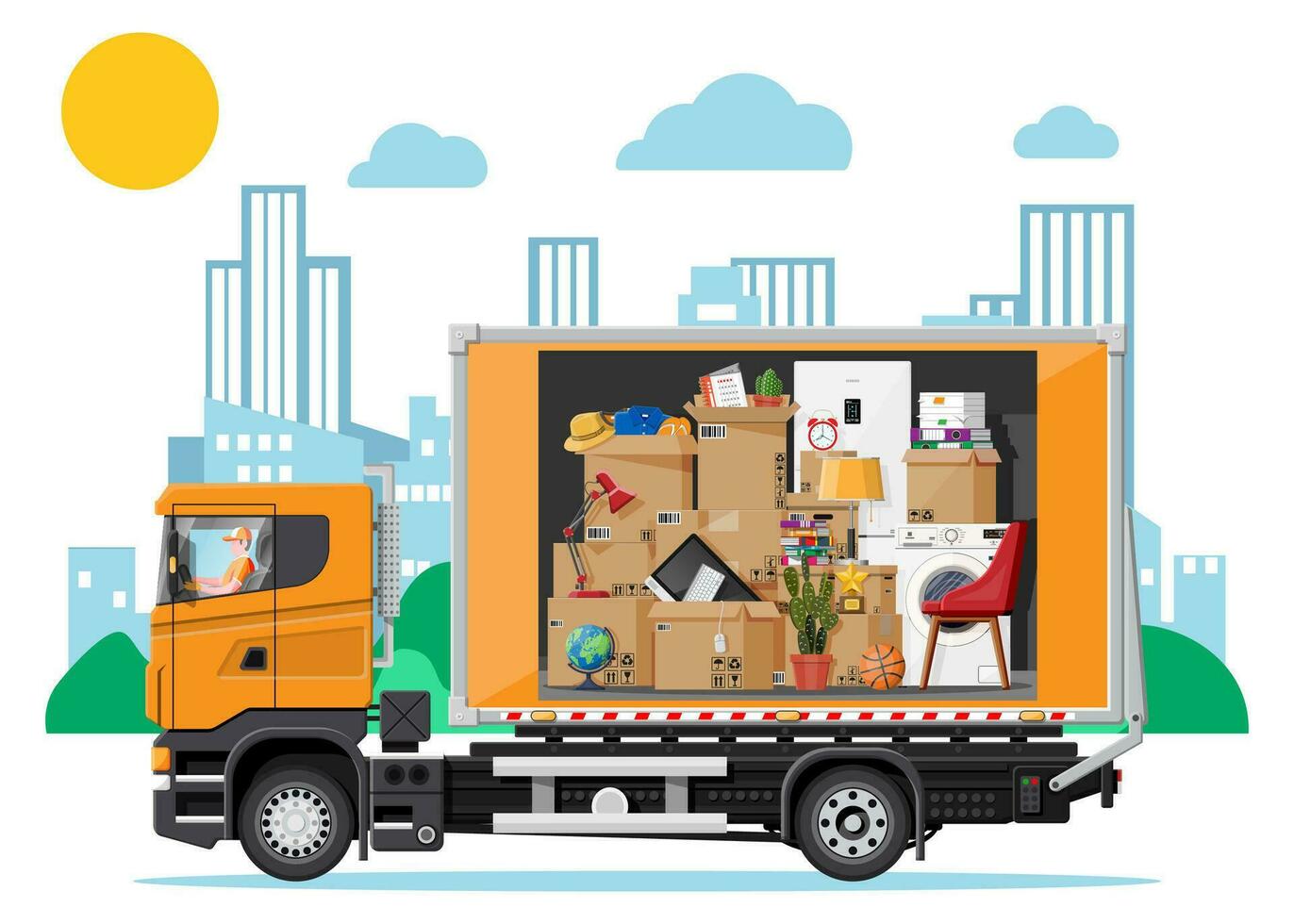 Delivery truck full of home stuff inside. Moving to new house. Family relocated to new home. Boxes with goods. Package transportation. Computer, lamp, clothes, books. Flat vector illustration