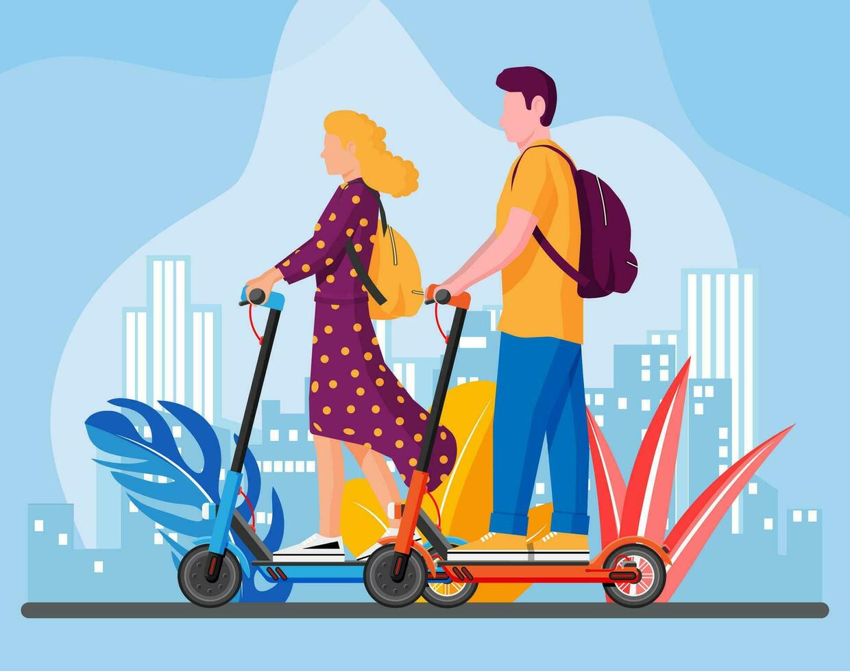 Young woman and man on kick scooter. Girl and guy with backpack rolling on electric scooter. Hipster character uses modern urban transport. Ecological city transportation. Flat vector illustration