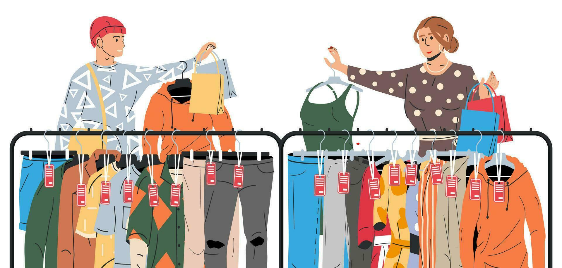 hombre y mujer cerca estante con ropa. ropa en percha. hogar o tienda armario. ropa y accesorios. varios colgando ropa. chaqueta, camisa, vaqueros, pantalones. dibujos animados plano vector ilustración