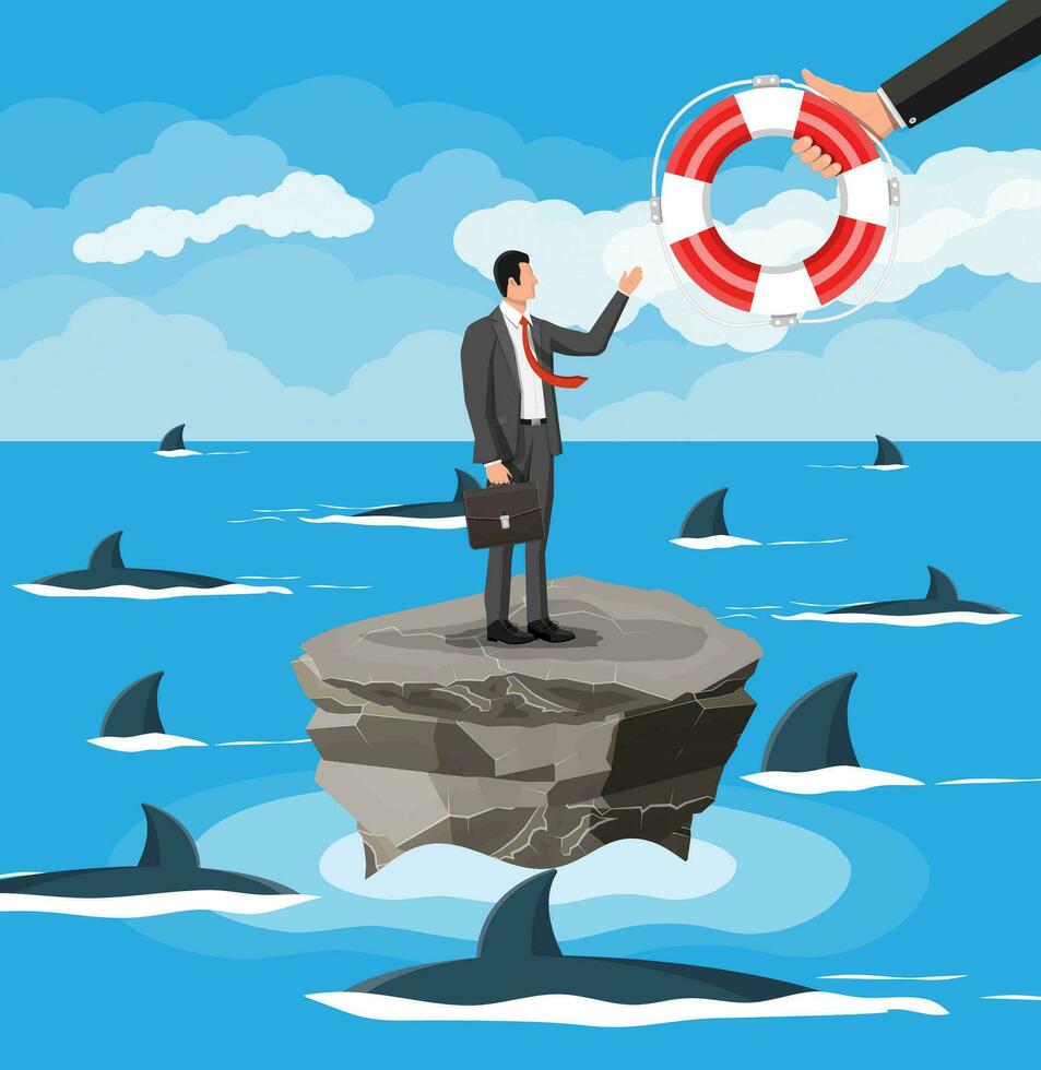 Businessman on tiny island in sea surrounded by sharks getting lifebuoy. Helping business to survive. Help, support, survival, investment, obstacle crisis. Risk management. Flat vector illustration