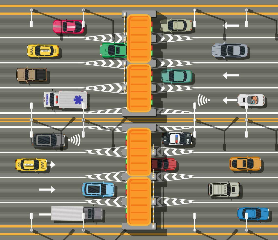 tráfico Peaje portón parte superior vista. autopista peaje. ver desde arriba. la carretera con control. la carretera impuesto para utilizando caro. mapa de carros urbano transporte tráfico regulaciones reglas de la carretera. plano vector ilustración