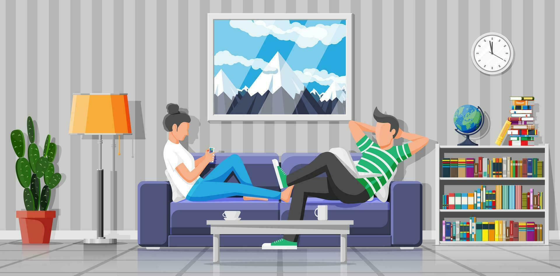 Man and woman sitting on sofa with notebook and smartphone. Boy with laptop and girl using phone sitting on couch. Freelance couple work from home. Online education, learning. Flat vector illustration