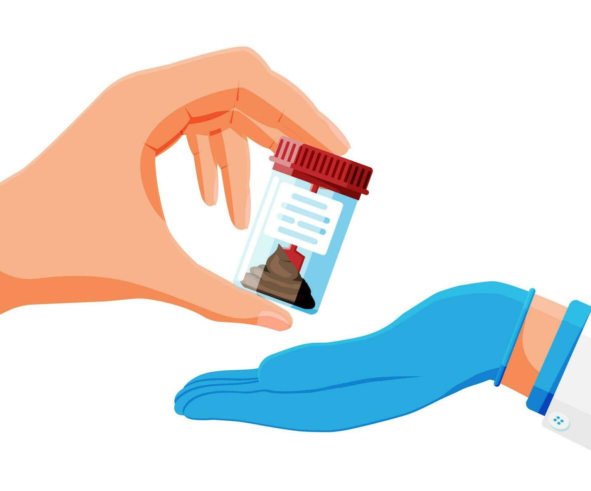 Stool Test in Hand Isolated on White. Medical Stool Sample in Glass Tube. Laboratory Container with Excrement. Poo in Plastic Bag. Turd Research, Medical Analysis. Cartoon Flat Vector Illustration