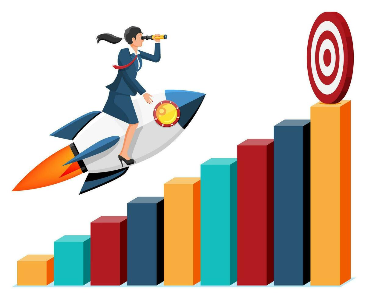 Successful business woman flying on rocket on graph going up to target. Businesswoman on flying space ship. New business or startup. Idea, growing, success, start up strategy. Flat vector illustration