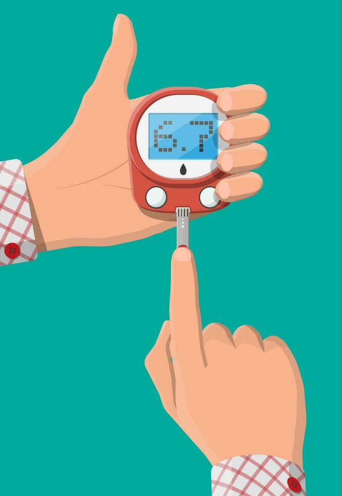 Testing blood glucose concept. Glucometer, test strips in hand. Test equipment and medicine. Healthcare, hospital and medical diagnostics. Urgency services. Flat vector illustration