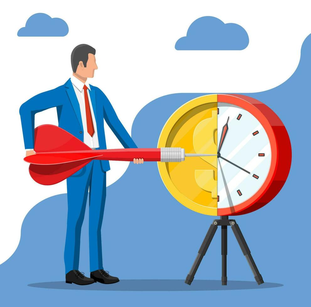 Businessman aim dart to gold coin clocks target. Goal setting. Smart goal. Business target concept. Achievement and success. Time is money. Vector illustration in flat style