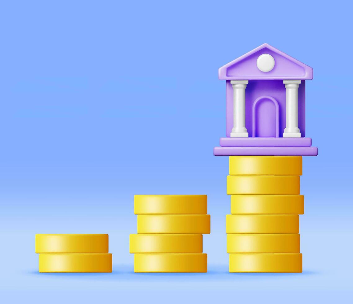 3D Bank Building and Cash Money. Render Financial House Icon. Construction with Columns in Ancient Design. Money Deposit and Withdrawal, Financial Transactions Service Banking. Vector Illustration