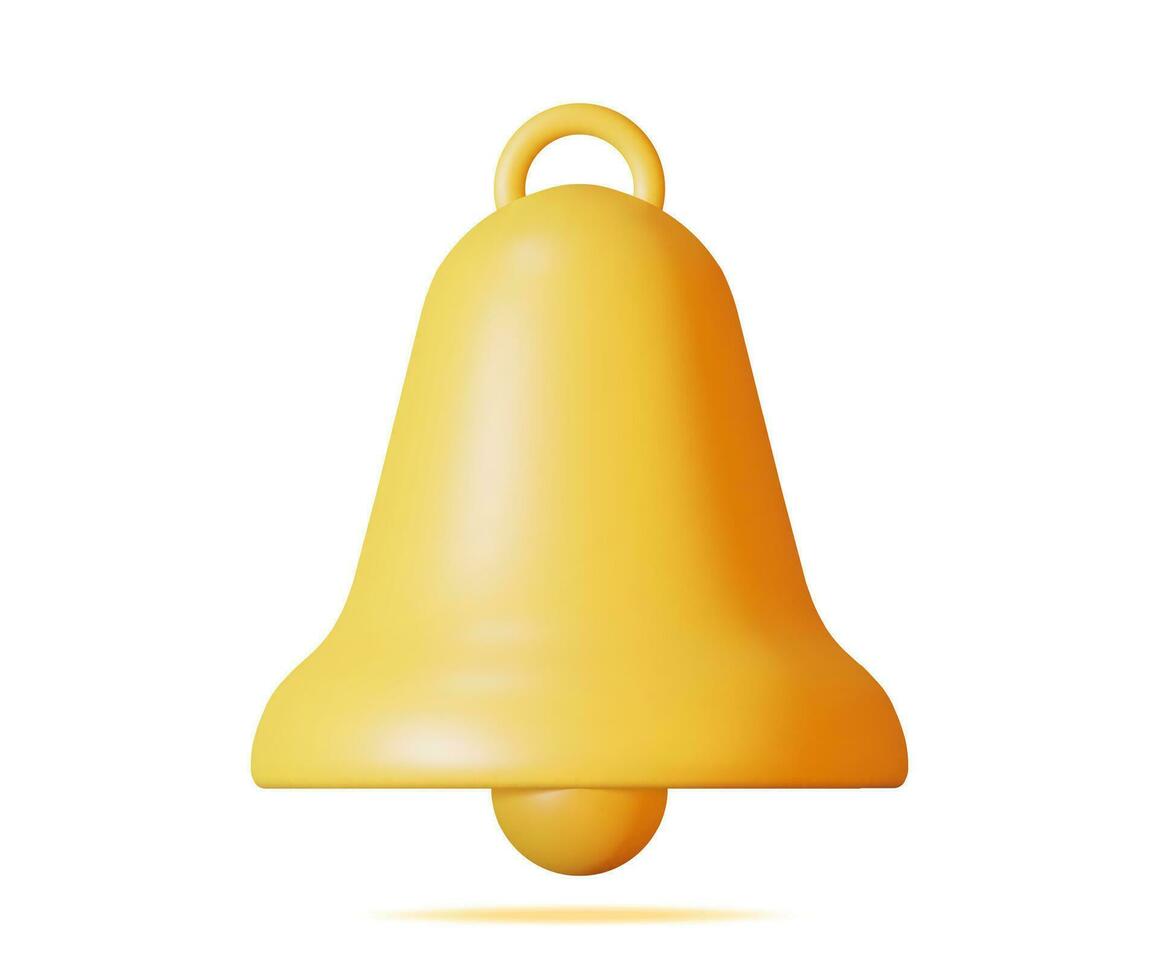 3D Notification Bell Icon Isolated. Golden Render Ringing Bell. Gold School Bell. Retro Christmas Ring Handbell. Alert and Alarm Symbol. Social Media Network Notification Reminder. Vector Illustration