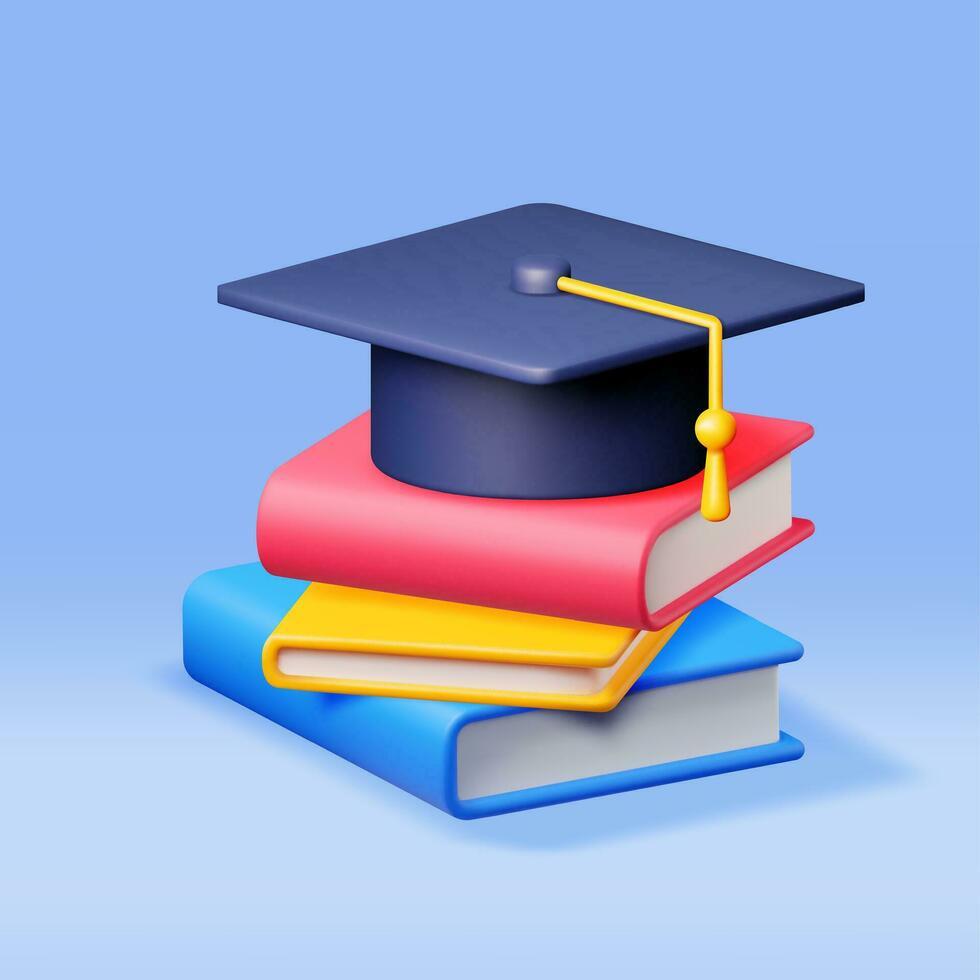 3D Graduation Cap and Stack of Books Isolated. Render Graduation Hat and Textbook. Education Symbol. Mortarboard Hat with Tassel. Education, Degree Ceremony Concept. Vector Illustration