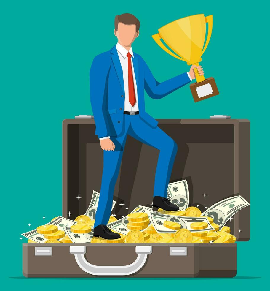 exitoso empresario en maletín con dólar y monedas participación trofeo, celebra su victoria. negocio éxito, triunfo, objetivo o logro. victorioso de competencia. vector ilustración plano estilo