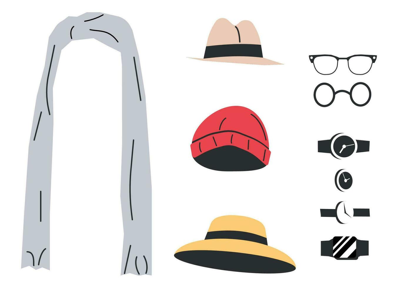 mujer y hombre guardarropa accesorio y bienes. conjunto de sombrero, gorro, bufanda, varios reloj de pulsera y los anteojos. diferente masculino y hembra accesorios recopilación. dibujos animados plano vector ilustración