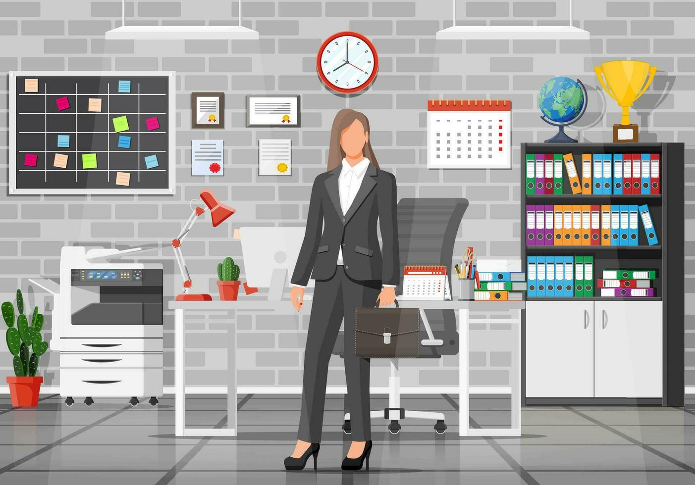 Office building interior. Businesswoman at desk with computer, chair, lamp, books and document papers. Drawer, tree, clocks, calendar, printer. Modern business workplace. Flat vector illustration