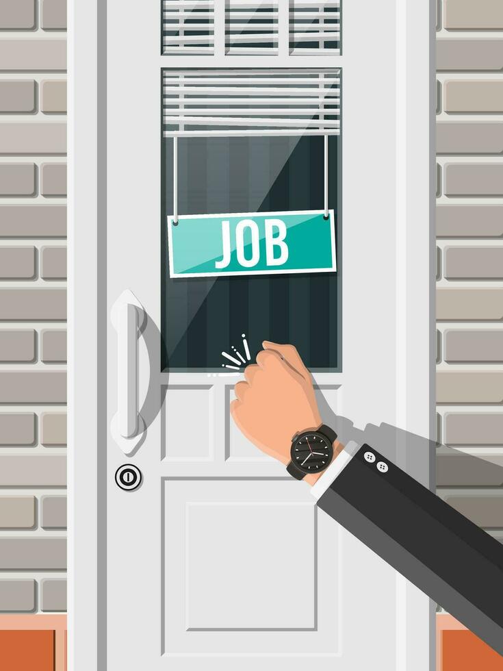 Businessman hand knocking on office door with vacancy sign. Job search. Hiring, recruiting. Human resources management, searching professional staff, work. Found right resume. Flat vector illustration