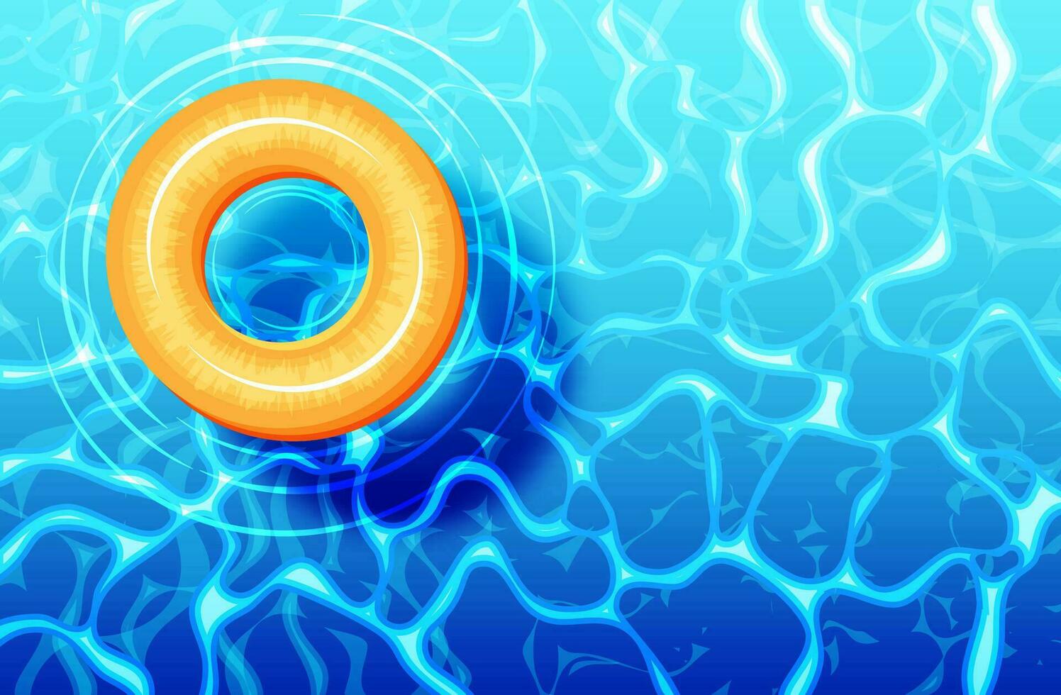 Orange Swim ring on Blue Water Banner. Swimming Pool and Floating Swim Ring Top View. Water Ripple Background. Travel and Summer Time Concept. Cartoon Flat Vector Illustration