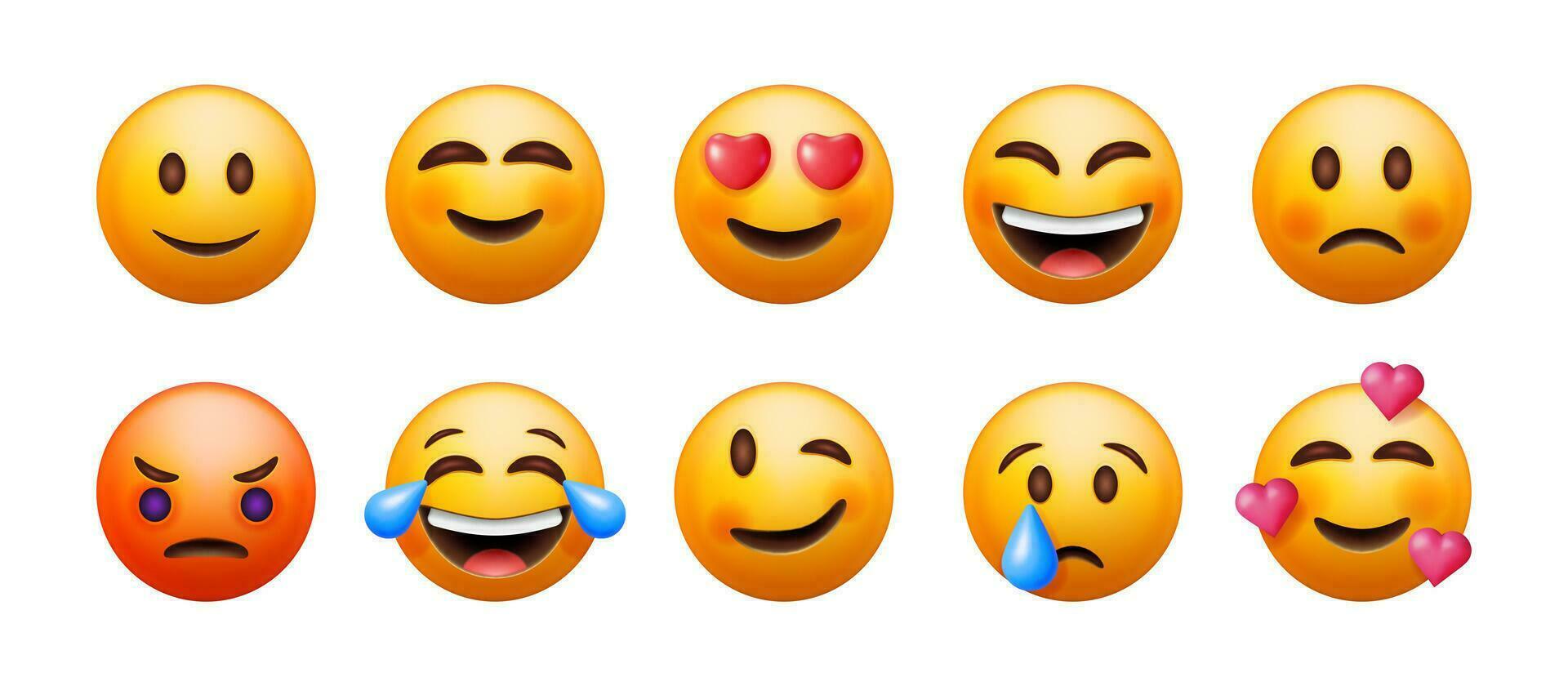 3D Set of Emoticons Isolated. Round Yellow Faces with Various Emotions and Expression. Tear Smile Sad Love Happy Unhappy Like Lol Angry Wink Laughter Emoji Character Collection. Vector Illustration