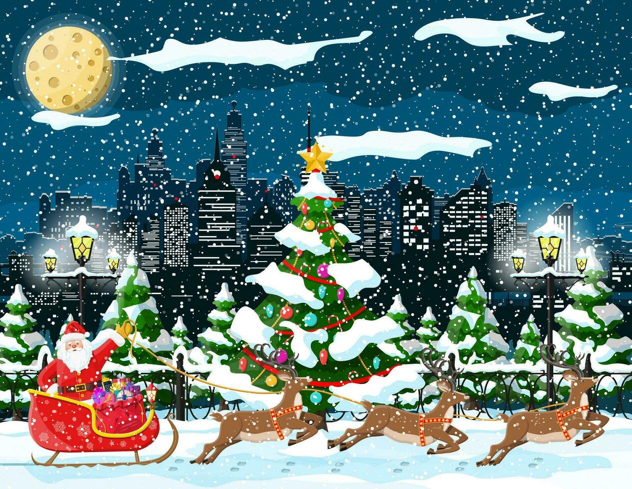 Papa Noel claus paseos reno trineo. Navidad invierno paisaje urbano, abeto árbol, edificios contento nuevo año decoración. alegre Navidad día festivo. nuevo año y Navidad celebracion. vector ilustración plano estilo