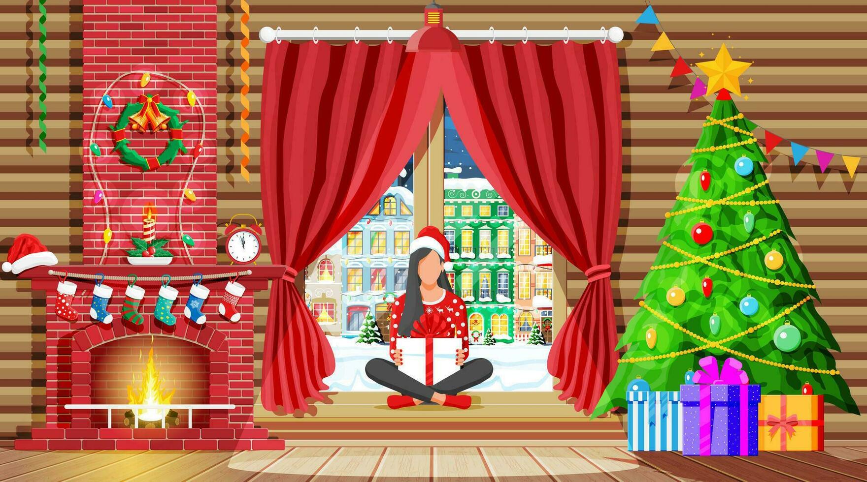Cozy interior of room with window and fireplace. Happy new year decoration. Merry christmas holiday. New year and xmas celebration. Winter landscape, tree, snow, town. Cartoon flat vector illustration