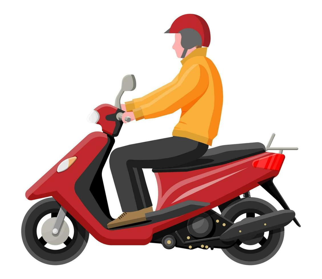 Red motor scooter with driver in helmet isolated on white. Urban vehicle, city transportation. Modern motorbike. Cartoon flat vector illustration.
