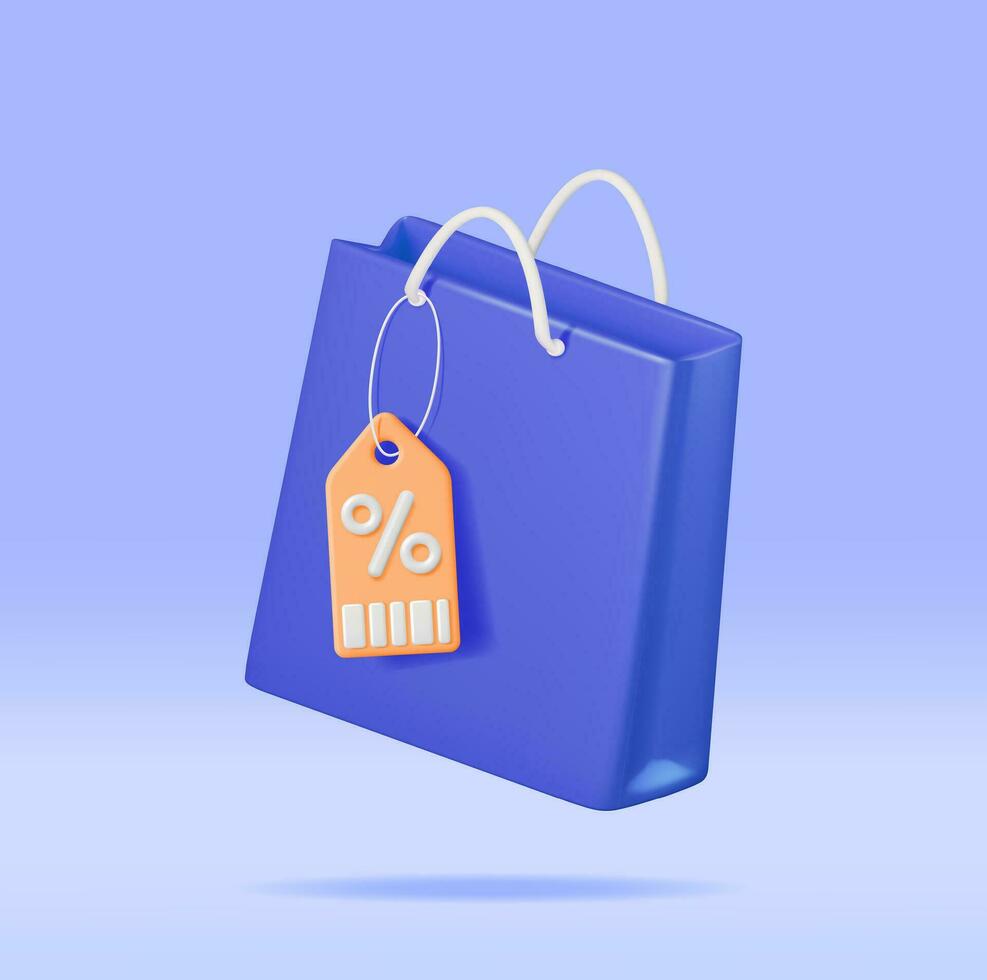 3D Shopping Bag with Price Tag and Percent Sign Isolated. Render Realistic Gift Bag. Sale, Discount or Clearance Concept. Online or Retail Shopping Symbol. Fashion Handbag. Vector Illustration