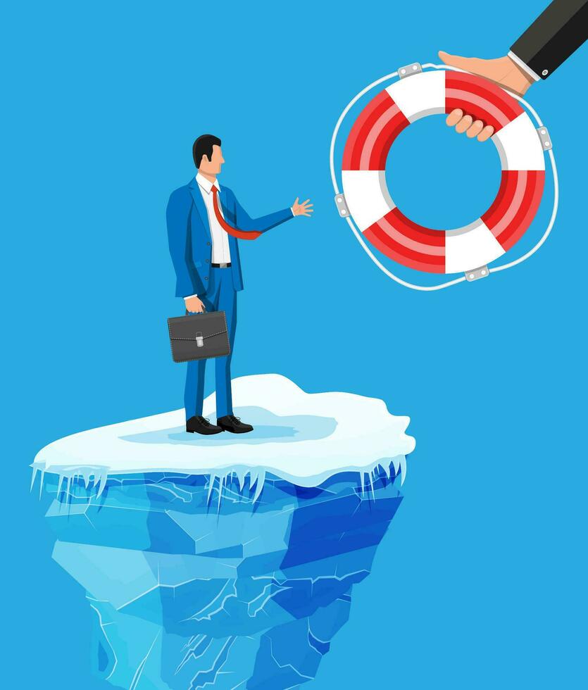 Desperate businessman floats on iceberg getting lifebuoy. Helping business to survive. Help, support, survival, investment, obstacle crisis. Risk management. Flat vector illustration