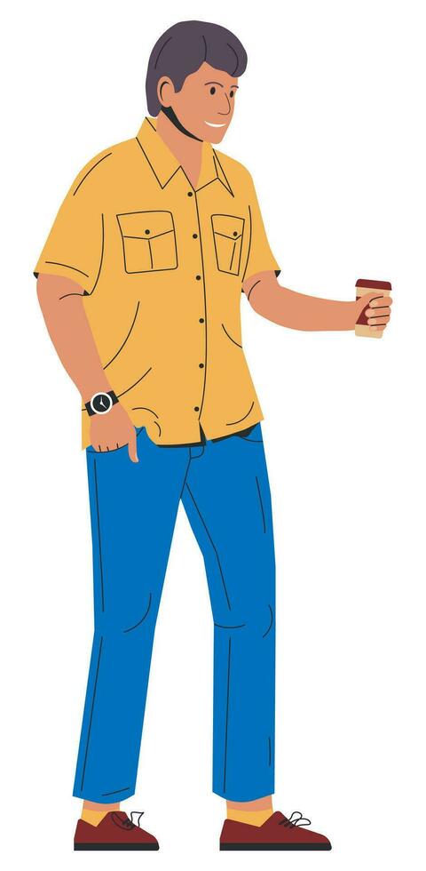Man in Shirt, Jeans with Glass of Coffee. Mature Man is Standing in Street Clothes. Male Character in Stylish Casual Look. Fashionable Guy Relaxing with Warm Coffee. Cartoon Flat Vector Illustration