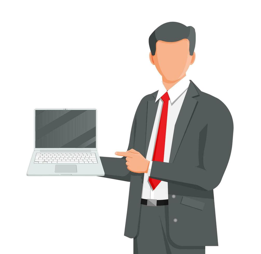 negocio hombre participación ordenador portátil y señalando dedo. concepto de trabajando en computadora. empresario utilizando cuaderno. masculino personaje con móvil dispositivo. plano vector ilustración