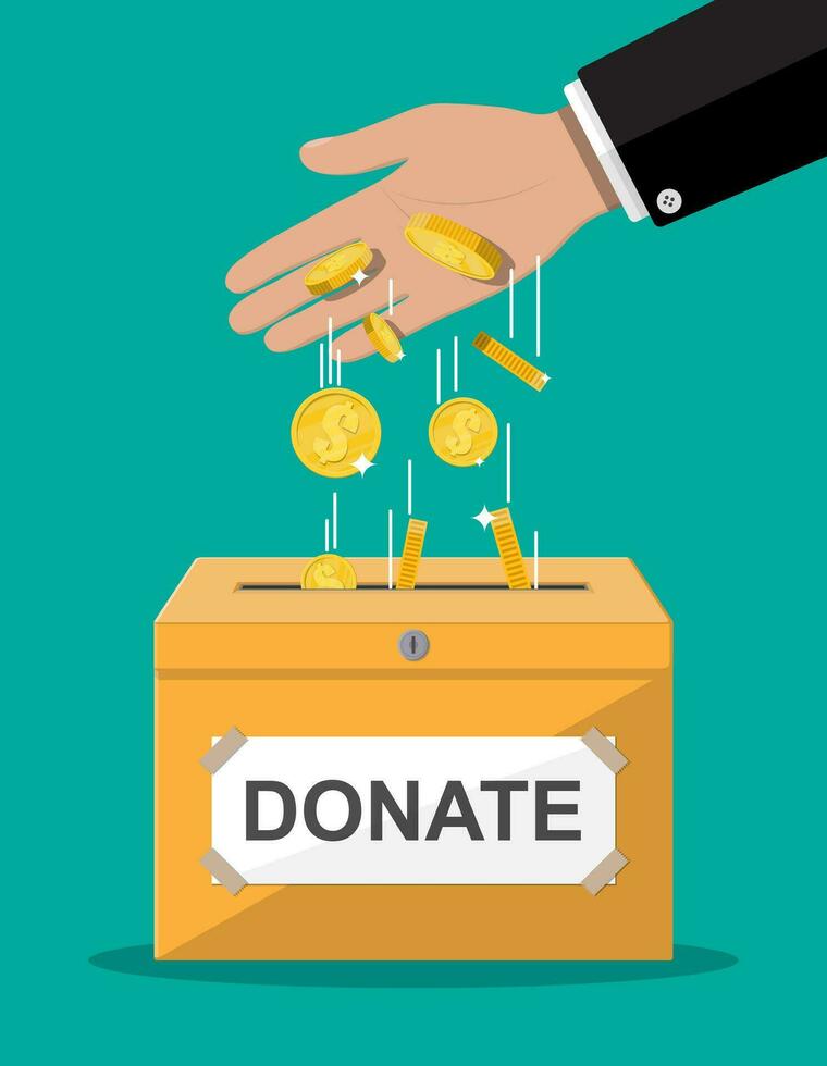 Donation box with golden coins. Charity, donate, help and aid concept. Vector illustration in flat style