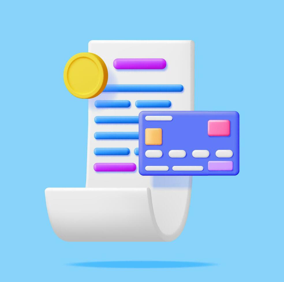 3D White Receipt with Coin and Bank Card Isolated. Render Paper Invoice and Money. Total Bill with Text. Online Shopping, Payment, Checkout, Money Transfer. Cartoon Paper Piece. Vector Illustration