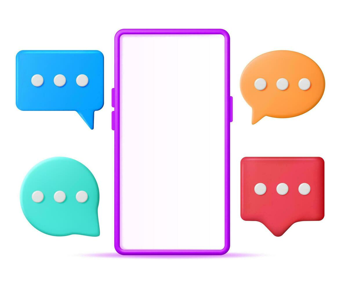 3D Smartphone with Text Bubble Isolated. Render Smart Phone with Floating Chat Dialog Shape. Balloon Pin. Notification Mockup. Communication, Web, Social Network Media. Realistic Vector Illustration.