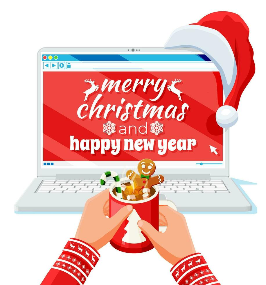Christmas Laptop and Santa Claus hat. Coffee mug, gingerbread man, candy cane in hand. Happy new year decoration. Merry christmas holiday. New year and xmas celebration. Vector illustration flat style