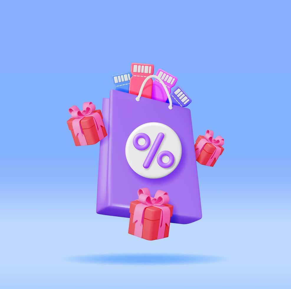 3D Shopping Bag with Percent Sign and Discount Coupon Isolated. Render Realistic Gift Bag. Sale, Discount or Clearance Concept. Online or Retail Shopping Symbol. Fashion Handbag. Vector Illustration