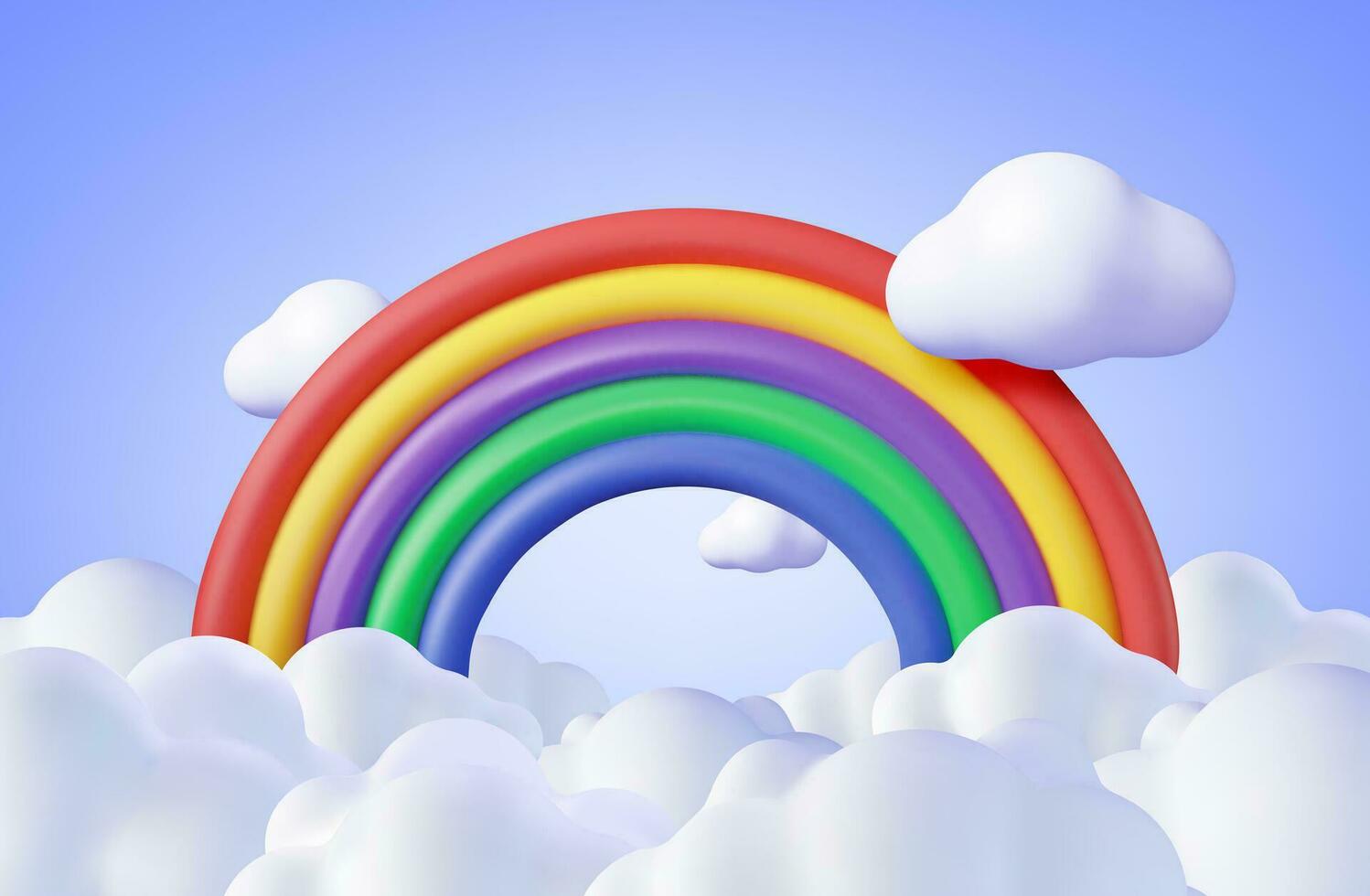 3d Cartoon Rainbow with Clouds Background. Render Minimal Rainbow in Cloud Art Element. Plastic Children Toy. Realistic Kids Decoration. Vector illustration.