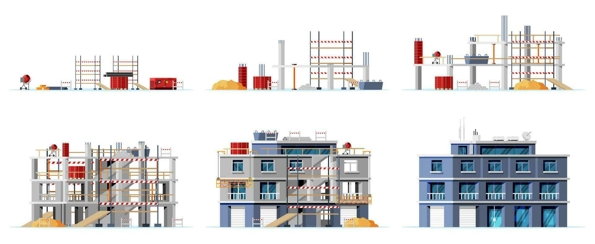 construcción sitio etapas aislado en blanco. diferente etapas de construcción proceso. edificio debajo casa. edificio actividad en diferente niveles dibujos animados plano vector ilustración