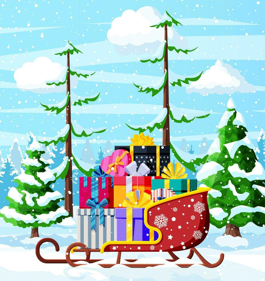 Christmas Santa Claus sleigh with gifts boxes with bows. Holiday presents in sledge. Happy new year decoration. Merry christmas holiday. New year and xmas celebration. Flat vector illustration