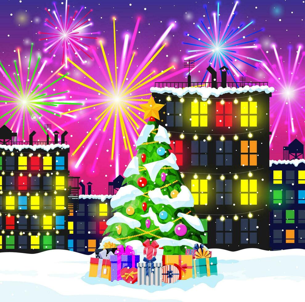 Christmas Card with Urban Landscape and Fireworks. Cityscape with Houses with Salute in Night. Winter Cozy Town City Panorama. New Year Christmas Xmas Banner. Flat Vector Illustration