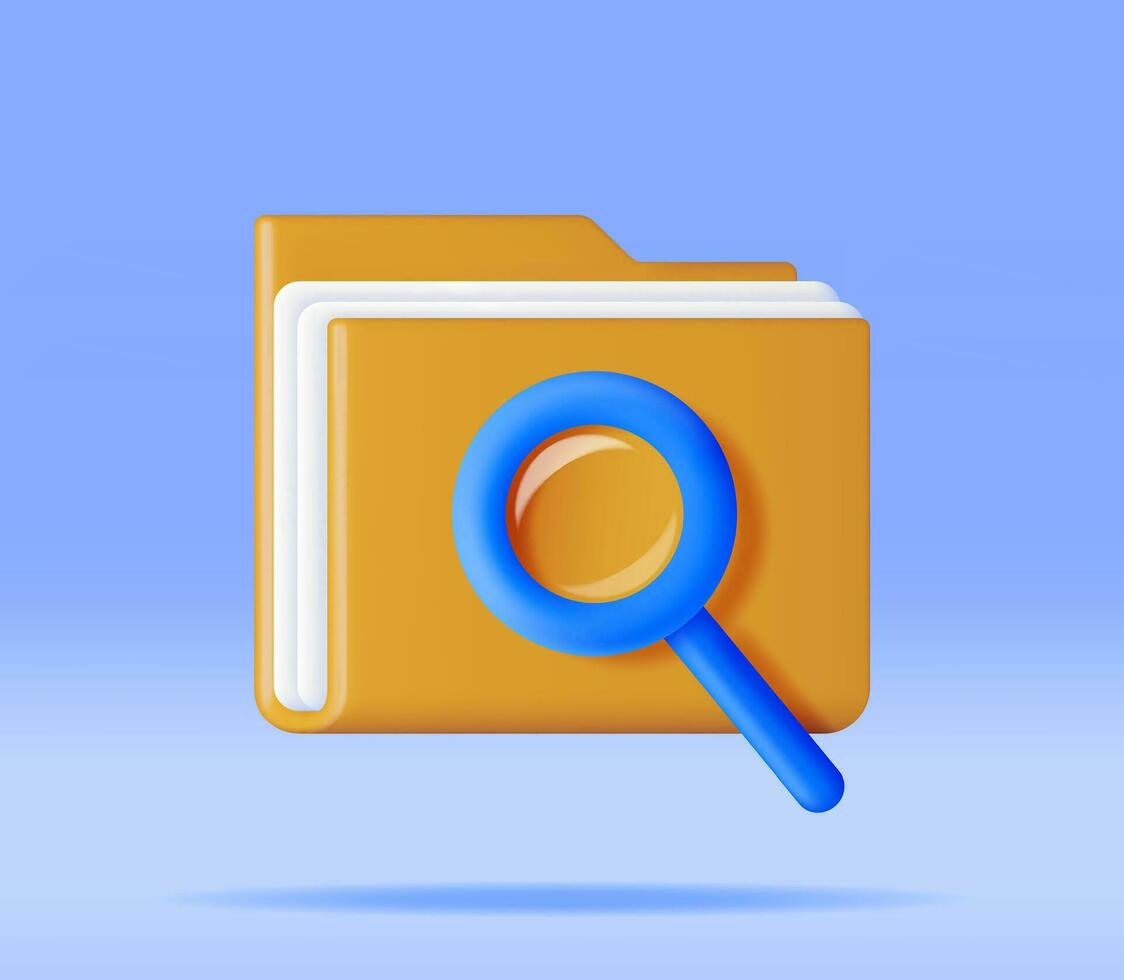 3D Document Folder with Magnifying Glass. Render Analysis of Folder with Loupe. Focus Research and Online Data Monitoring. Discovery, Analysis, Research, Investigation, Search. Vector Illustration