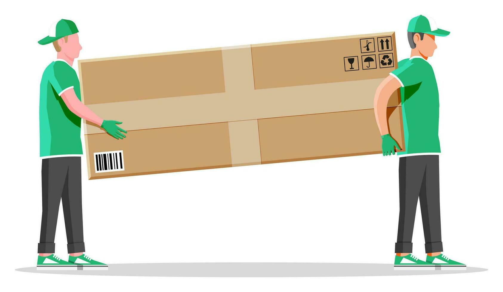 Two workers mover man holding and carrying cardboard box. Courier character holds parcel in hands. Carton delivery packaging box with fragile signs. Free and fast shipping. Flat vector illustration
