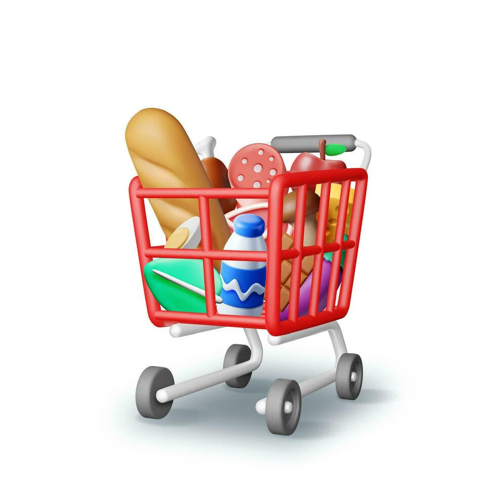 3d compras el plastico cesta con Fresco productos hacer tienda de comestibles almacenar, supermercado. comida y bebidas leche, verduras, carne pollo, queso, embutido, ensalada, un pan chocolate huevo. vector ilustración