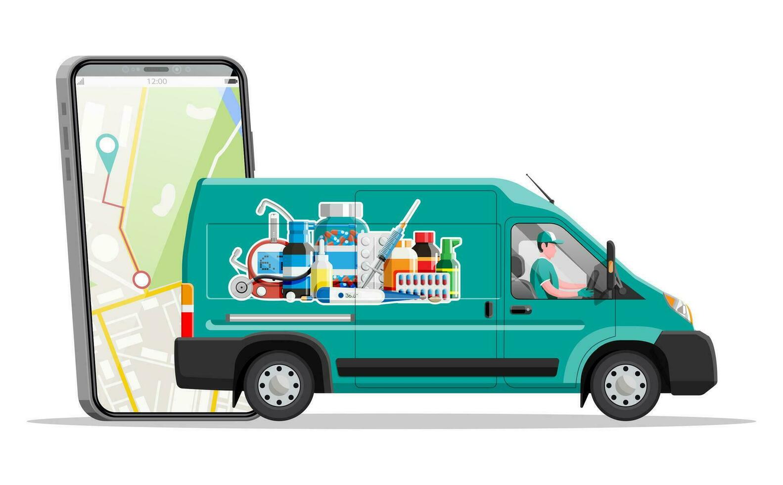 Van for delivery pharmaceutical drugs, hand with smartphone. Green drugstore truck. Internet pharmacy, online order. Medical assistance, help, support online. Health care. Flat vector illustration