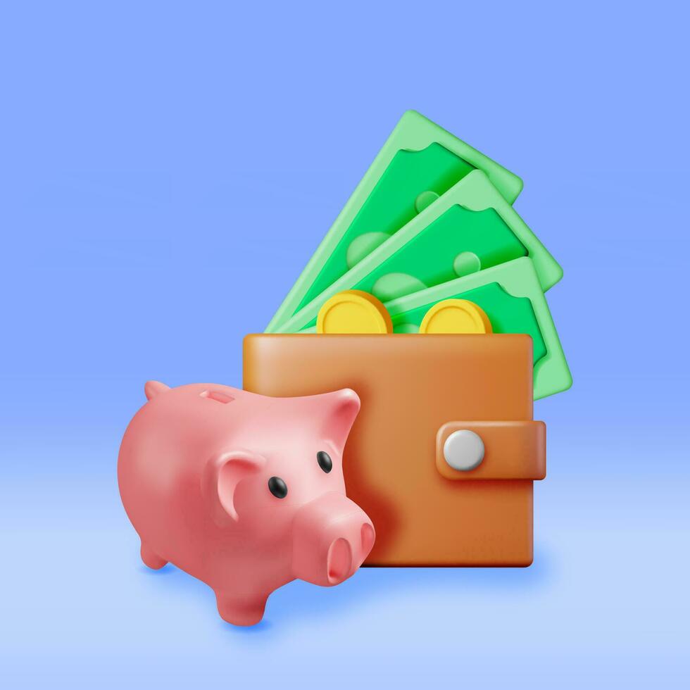 3d cerdito banco con monedas y billetera aislado. hacer el plastico cerdito banco para dinero. caja de dinero en formar de cerdo. concepto de efectivo dinero, negocio depositar inversión, financiero ahorros. vector ilustración