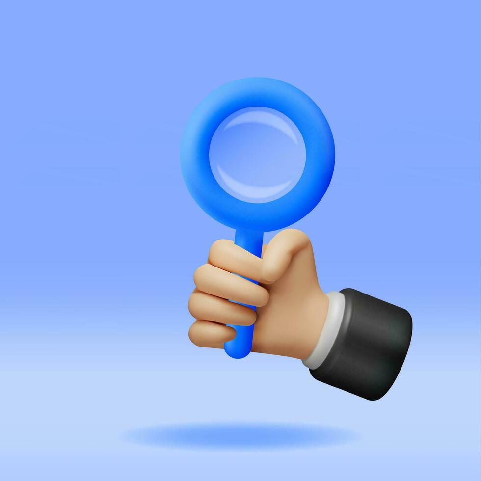 3D Blue Magnifying Glass in Hand Isolated. Render Plastic Cartoon Zoom Lens. Loupe Tool Icon. Discovery, Analysis, Research, Investigation, Search Concept. Vector Illustration
