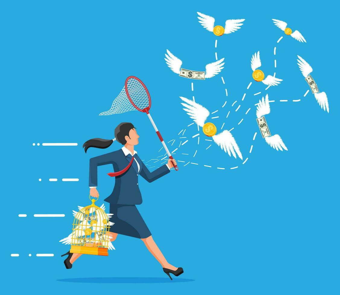 Running businesswoman with butterfly net chasing money is flying in air. Dollar banknotes and gold coins with wings. Concept of success career growth. Achievement and goal. Flat vector illustration