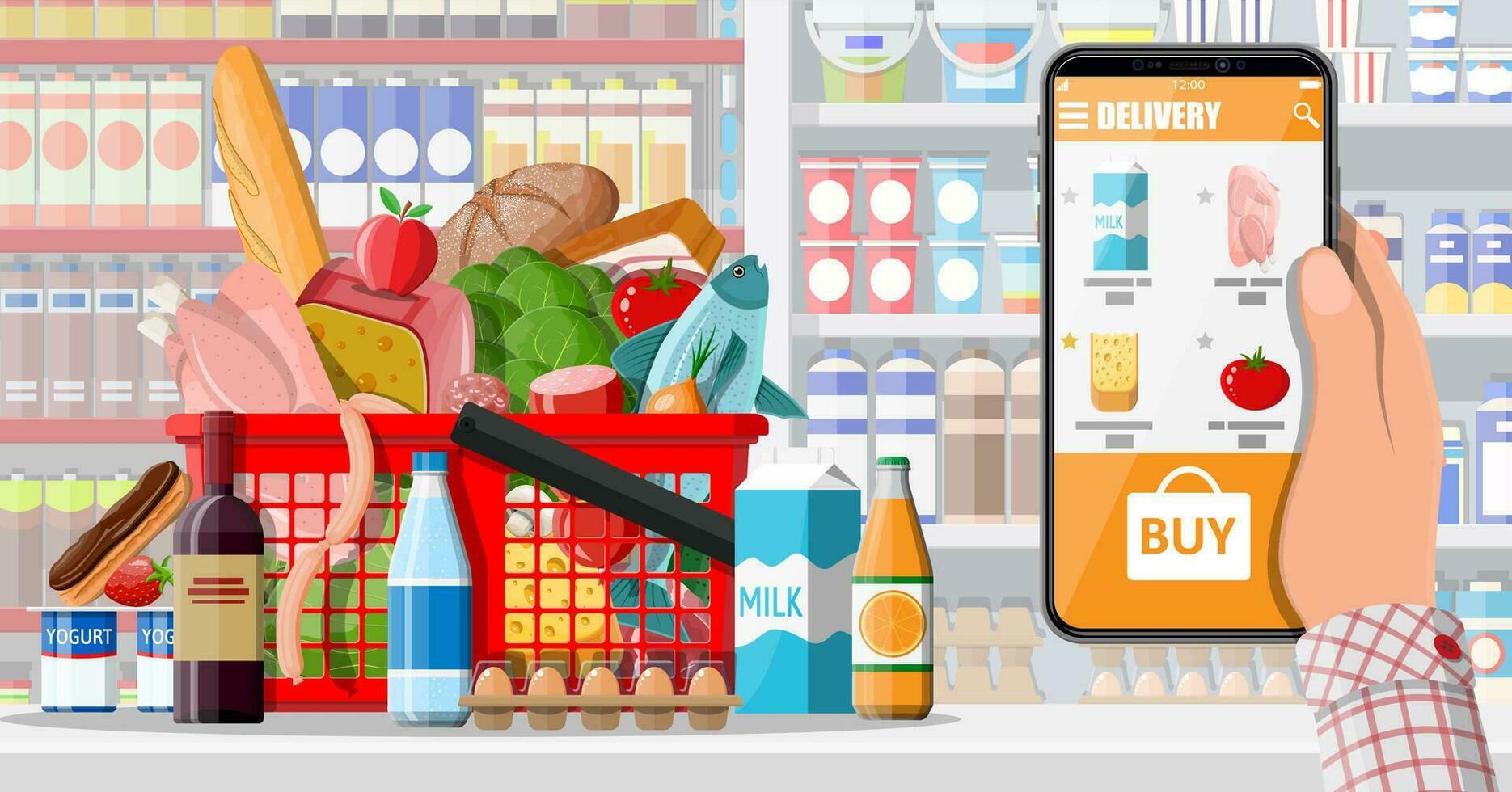 Hand holding smartphone with shopping app. Grocery store delivery. Internet order. Online supermaket. Shopping basket with food and drinks. Milk, vegetables, meat, cheese. Flat vector illustration