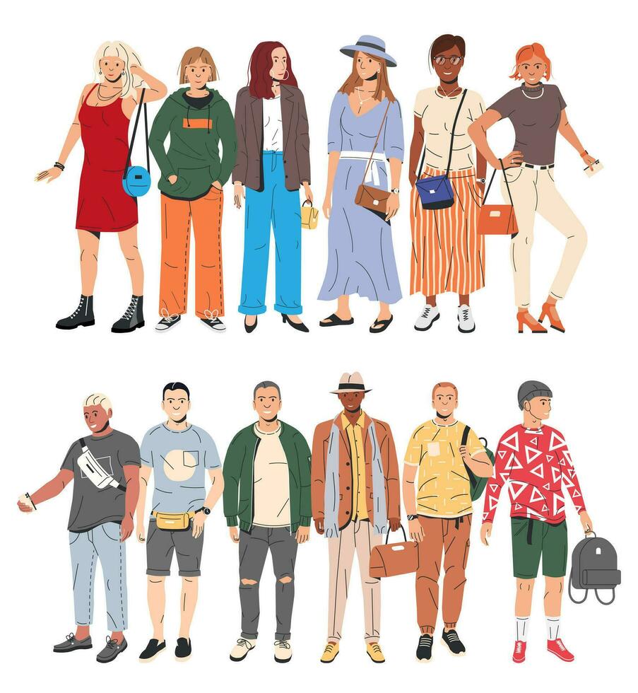 grupo de Moda personas caracteres. joven hombre y mujer en de moda atuendo en pie juntos. chicos y muchachas con diferente peinados y etnias en elegante casual ropa. plano vector ilustración