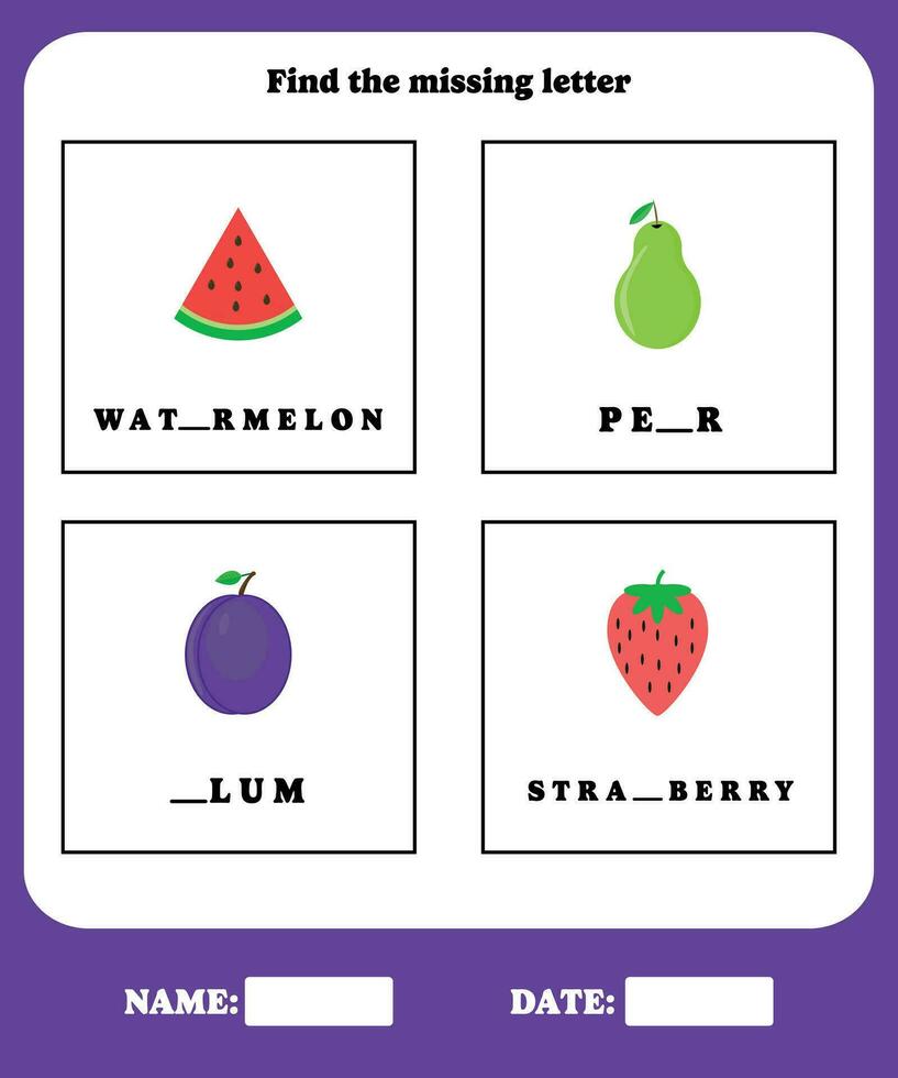 Fill in the blanks. Educational spelling game for preschool, kindergarten or elementary kids. vector